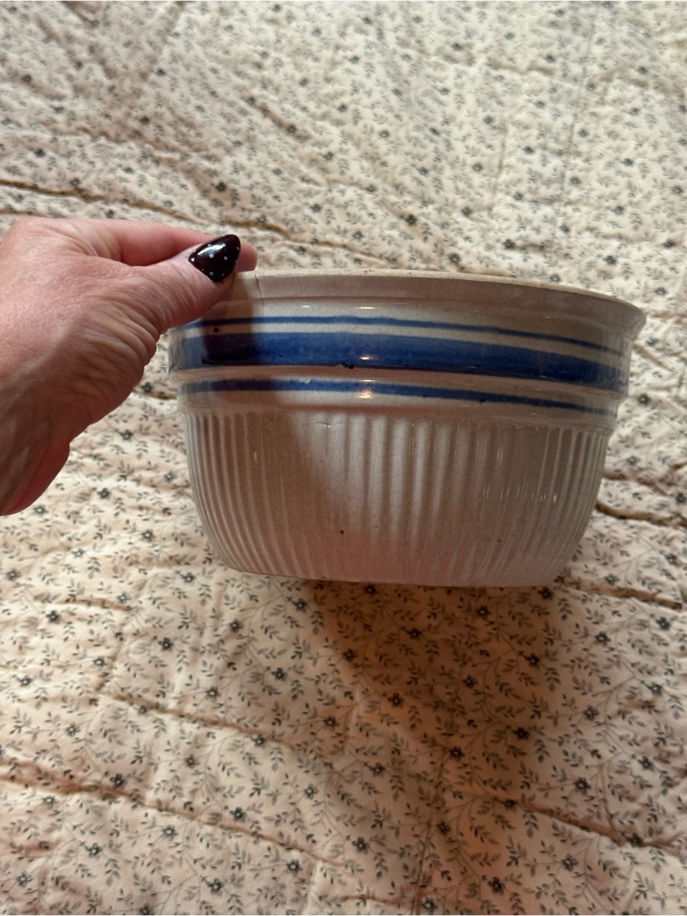 Antique Blue Stripe Stoneware Mixing Bowl Ribbed Farmhouse Pottery 8”